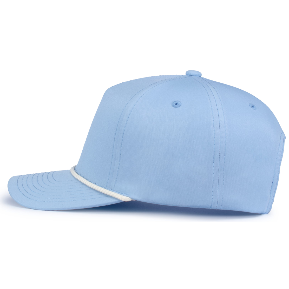 Light blue baseball cap with a white accent band, featuring a curved brim and stitched detailing, displayed from a side angle. Perfect for casual wear or outdoor activities.