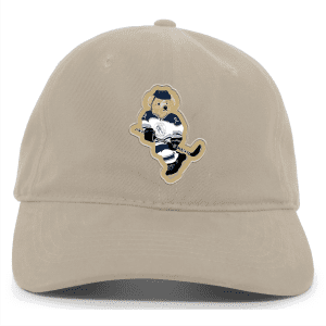 Beige baseball cap featuring a cartoon bear wearing a hockey uniform and holding a hockey stick, ideal for sports fans and casual wear.