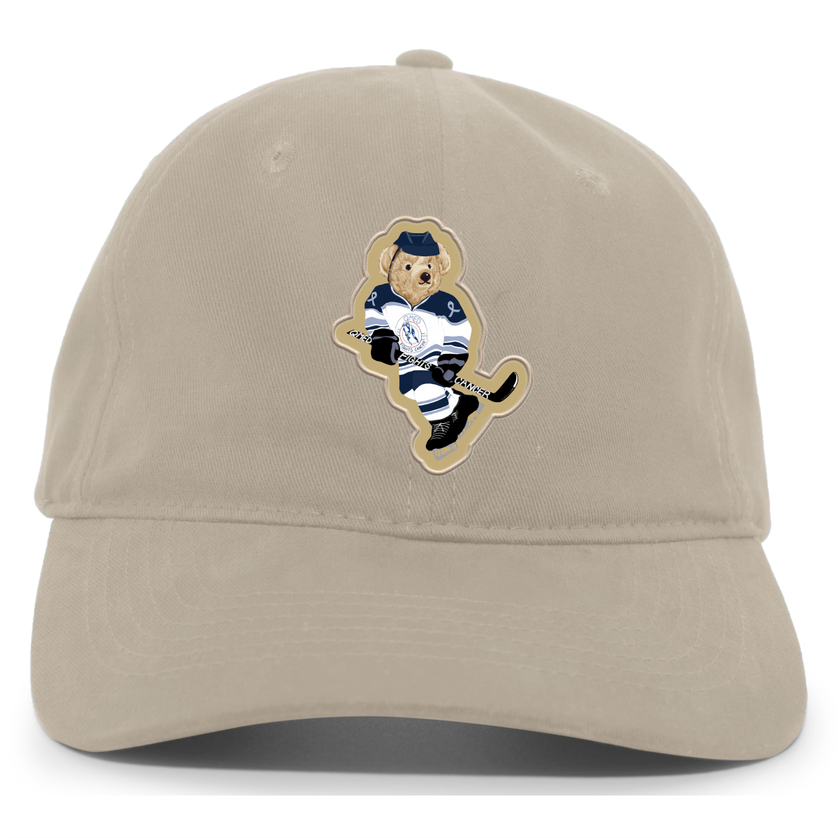 Beige baseball cap featuring a cartoon bear wearing a hockey uniform and holding a hockey stick, ideal for sports fans and casual wear.