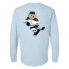 qmed_fights_cancer_light_blue_long_sleeve_shirt_back_2 Light blue long-sleeve shirt featuring a playful bear in a hockey uniform, holding a hockey stick. The design showcases the bear wearing a cap and ice skates, promoting a fun and sporty vibe. Ideal for hockey fans and casual wear.