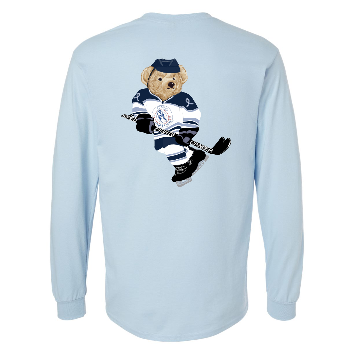 Light blue long-sleeve shirt featuring a playful bear in a hockey uniform, holding a hockey stick. The design showcases the bear wearing a cap and ice skates, promoting a fun and sporty vibe. Ideal for hockey fans and casual wear.