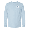 qmed_fights_cancer_light_blue_long_sleeve_shirt_front Light blue long-sleeve t-shirt featuring a circular logo with the text "QMED Sports Cancer" on the chest. Ideal for casual wear and promoting sports-related cancer awareness.