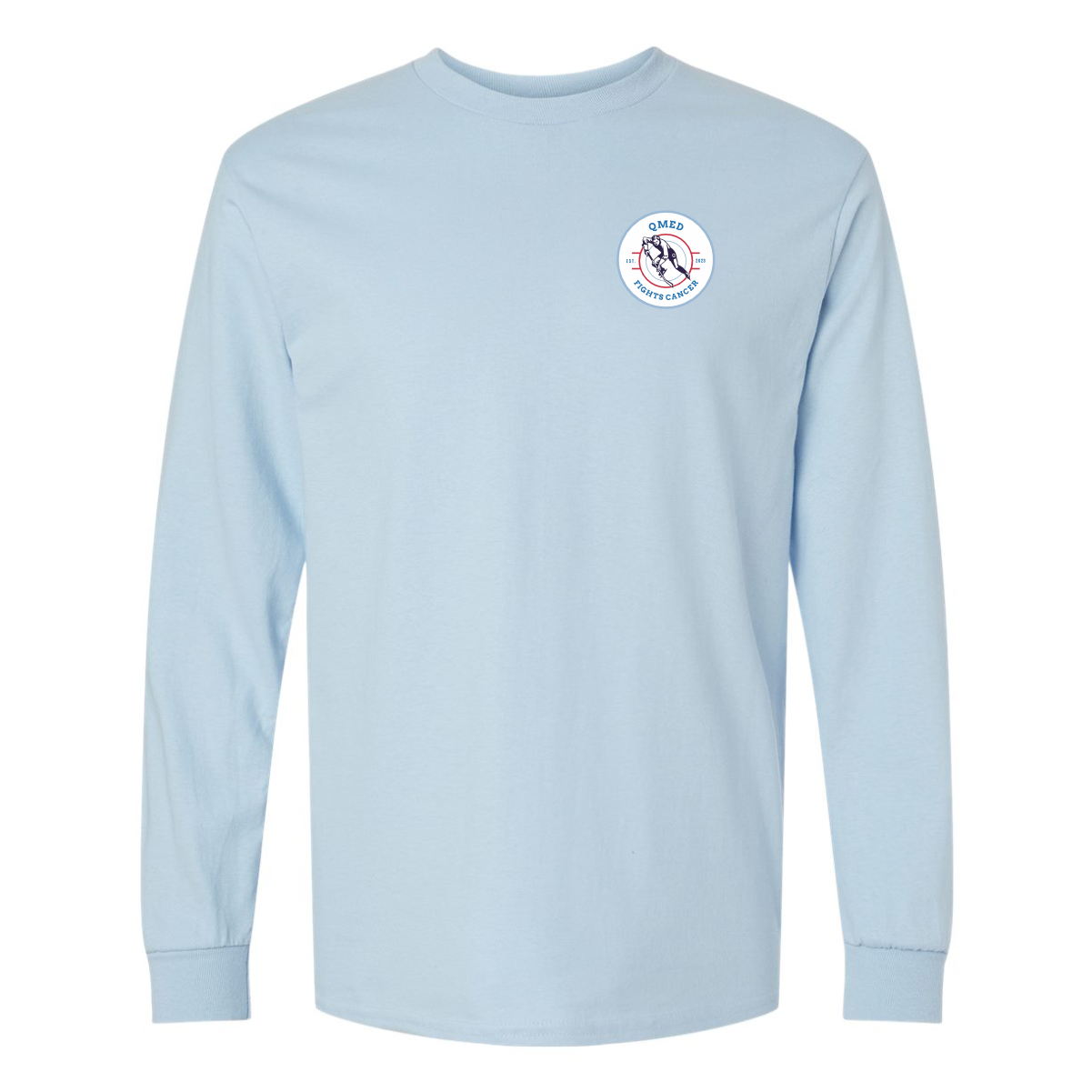 Light blue long-sleeve t-shirt featuring a circular logo with the text "QMED Sports Cancer" on the chest. Ideal for casual wear and promoting sports-related cancer awareness.