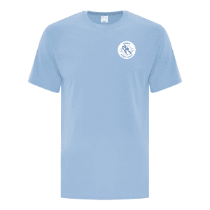 Light blue t-shirt featuring a circular logo that reads "O MED Fights Cancer," designed for casual wear and promoting cancer awareness.