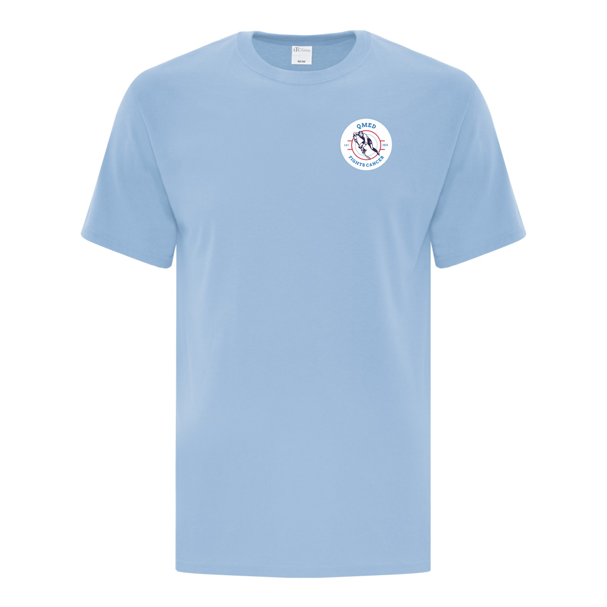 Light blue t-shirt featuring a circular logo that reads "O MED Fights Cancer," designed for casual wear and promoting cancer awareness.