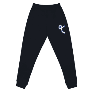 Black jogger pants featuring a stylish blue logo on the front, designed for comfort and casual wear. Ideal for workouts or lounging, these pants offer a modern fit and soft fabric.