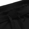 qmed_fights_cancer_navy_jogger_drawstring_view Close-up of the waistband and drawstrings of black sweatpants, showcasing the fabric texture and stitching details for enhanced comfort and style.