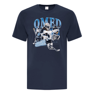 Navy blue t-shirt featuring a graphic design with the text "QMED Fights Cancer" and images of hockey players, established in 2023. Ideal for hockey fans supporting cancer awareness initiatives.