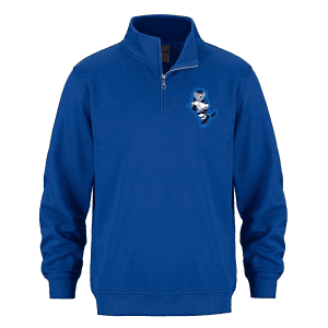 Blue zip-up sweatshirt featuring a playful embroidered character, perfect for casual wear and sports activities. Ideal for fans and outdoor enthusiasts looking for comfort and style.