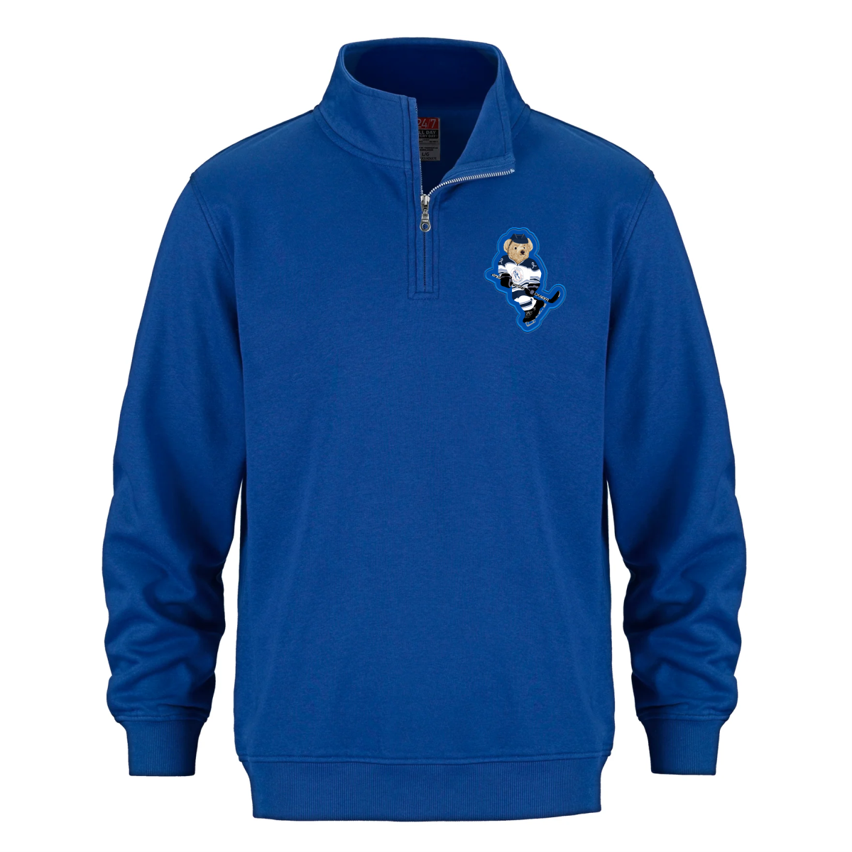 Blue zip-up sweatshirt featuring a playful embroidered character, perfect for casual wear and sports activities. Ideal for fans and outdoor enthusiasts looking for comfort and style.