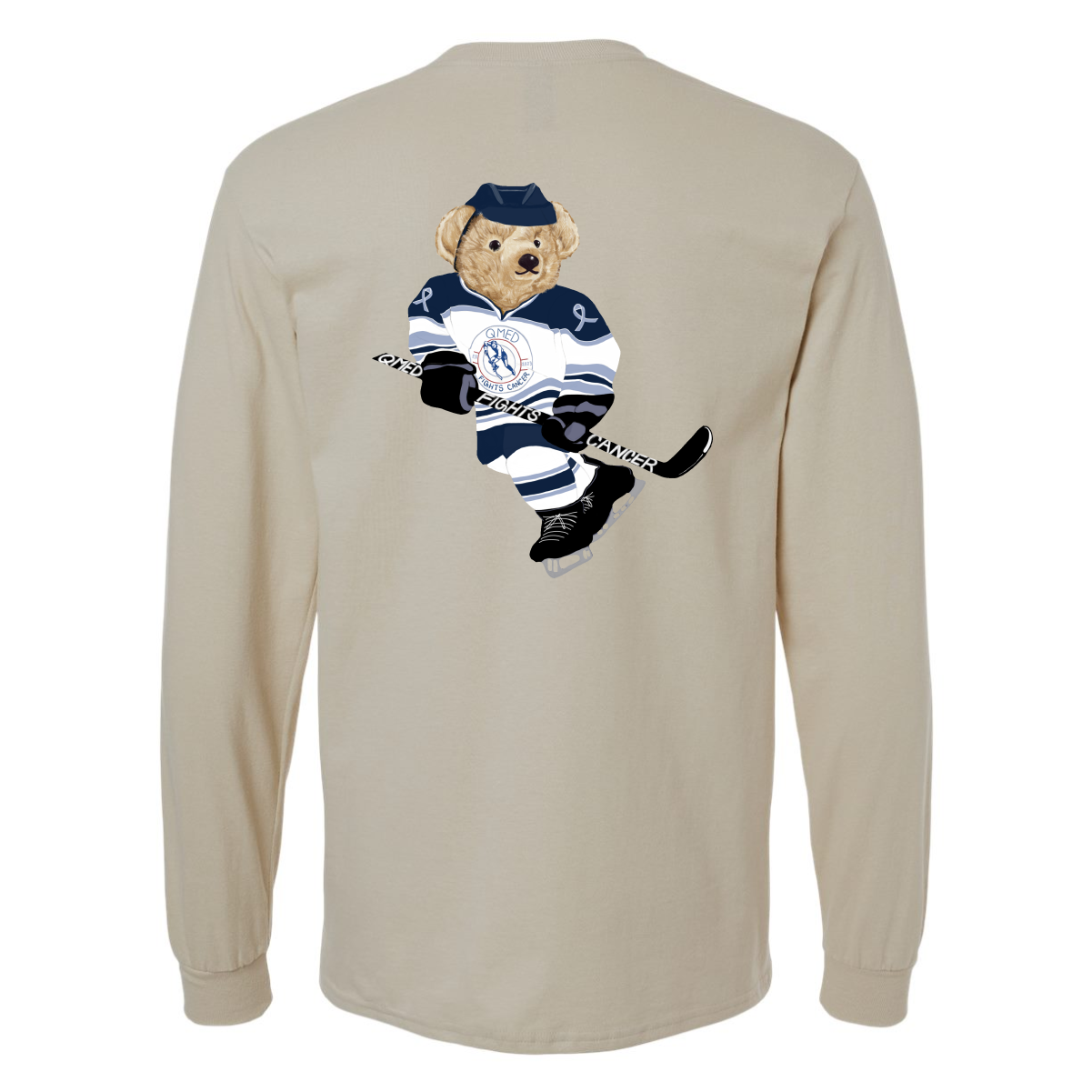 Long-sleeve shirt featuring a cute bear dressed in a hockey uniform, holding a hockey stick, designed for sports enthusiasts and fans. Ideal for casual wear and showcasing team spirit.