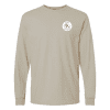 qmed_fights_cancer_sand_long_sleeve_shirt_front Long-sleeve beige t-shirt featuring a round logo with the text "QMED Sports Cancer," ideal for casual wear and raising awareness for cancer support.
