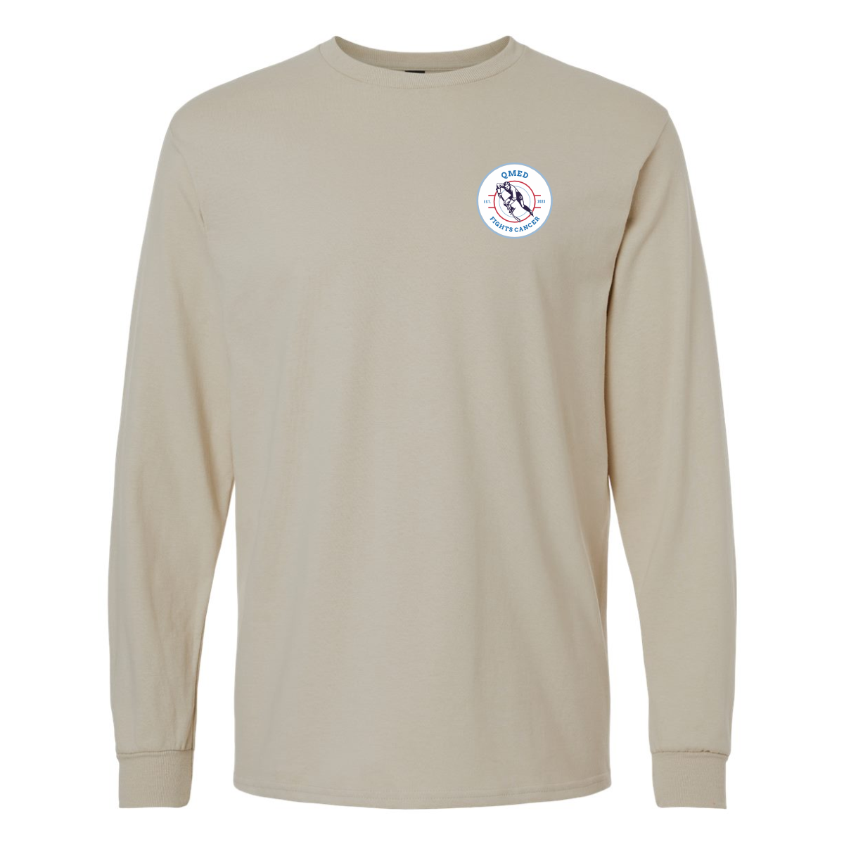 Long-sleeve beige t-shirt featuring a round logo with the text "QMED Sports Cancer," ideal for casual wear and raising awareness for cancer support.
