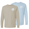 qmed_fights_cancer_sand_long_sleeve_shirt_product_cover Long sleeve t-shirts in beige and light blue featuring a logo on the chest, ideal for casual wear and outdoor activities.