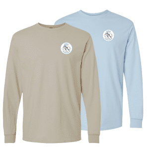 Long sleeve t-shirts in beige and light blue featuring a logo on the chest, ideal for casual wear and outdoor activities.