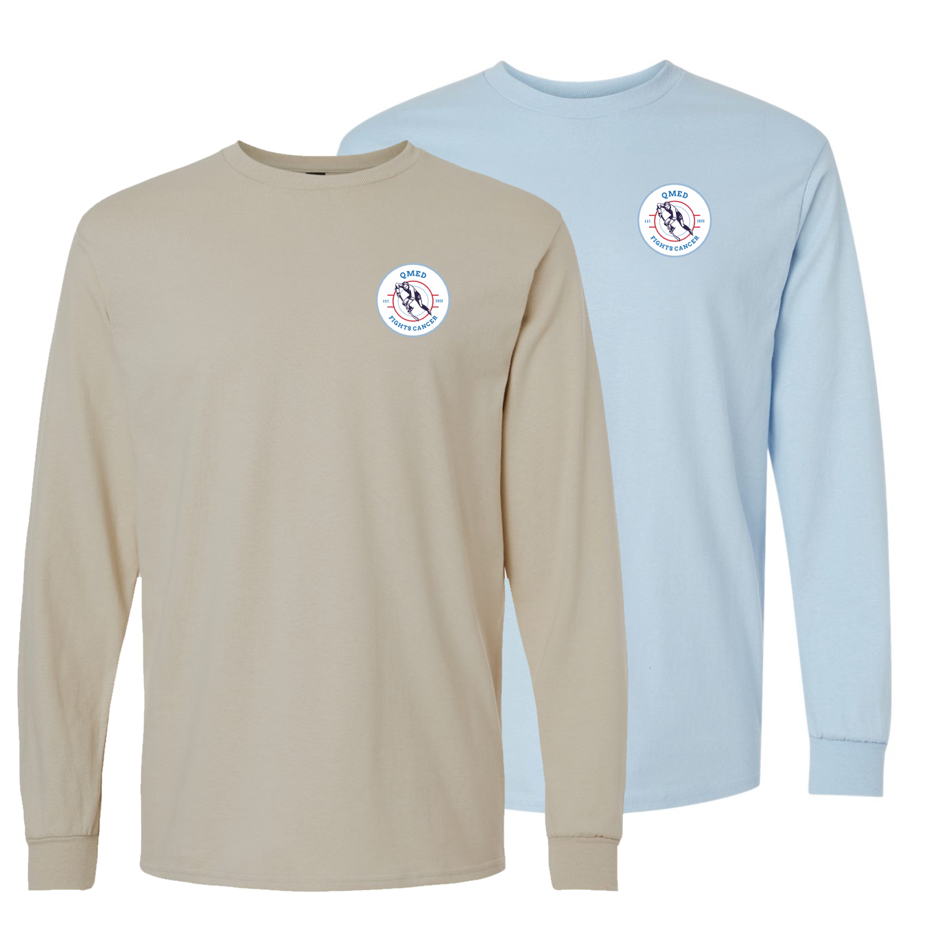Long sleeve t-shirts in beige and light blue featuring a logo on the chest, ideal for casual wear and outdoor activities.