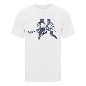 White t-shirt featuring an illustration of two female hockey players in action, showcasing teamwork and sportsmanship. Ideal for hockey enthusiasts and casual wear.