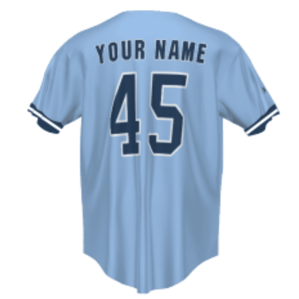 Custom light blue baseball jersey featuring the name placeholder