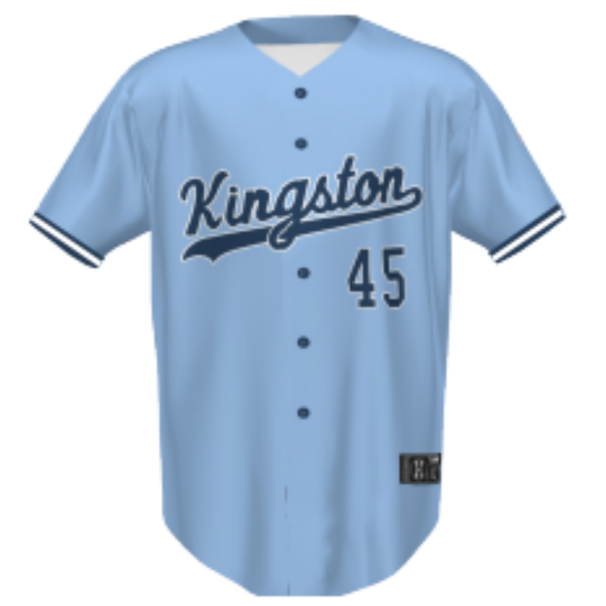 Light blue baseball jersey featuring "Kingston" in navy script and the number "45," designed for team sports and fan apparel.