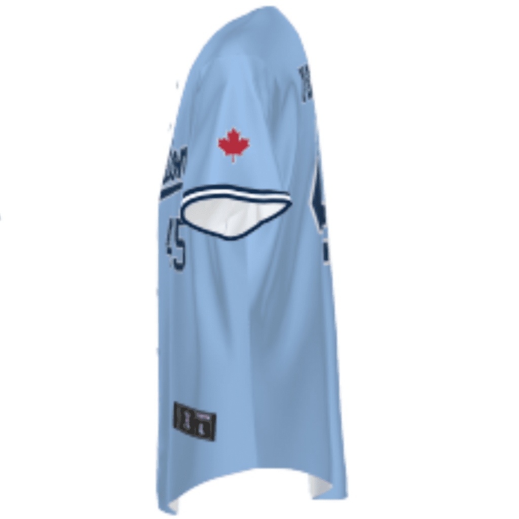 Light blue baseball jersey featuring a Canadian flag patch on the sleeve, with the name