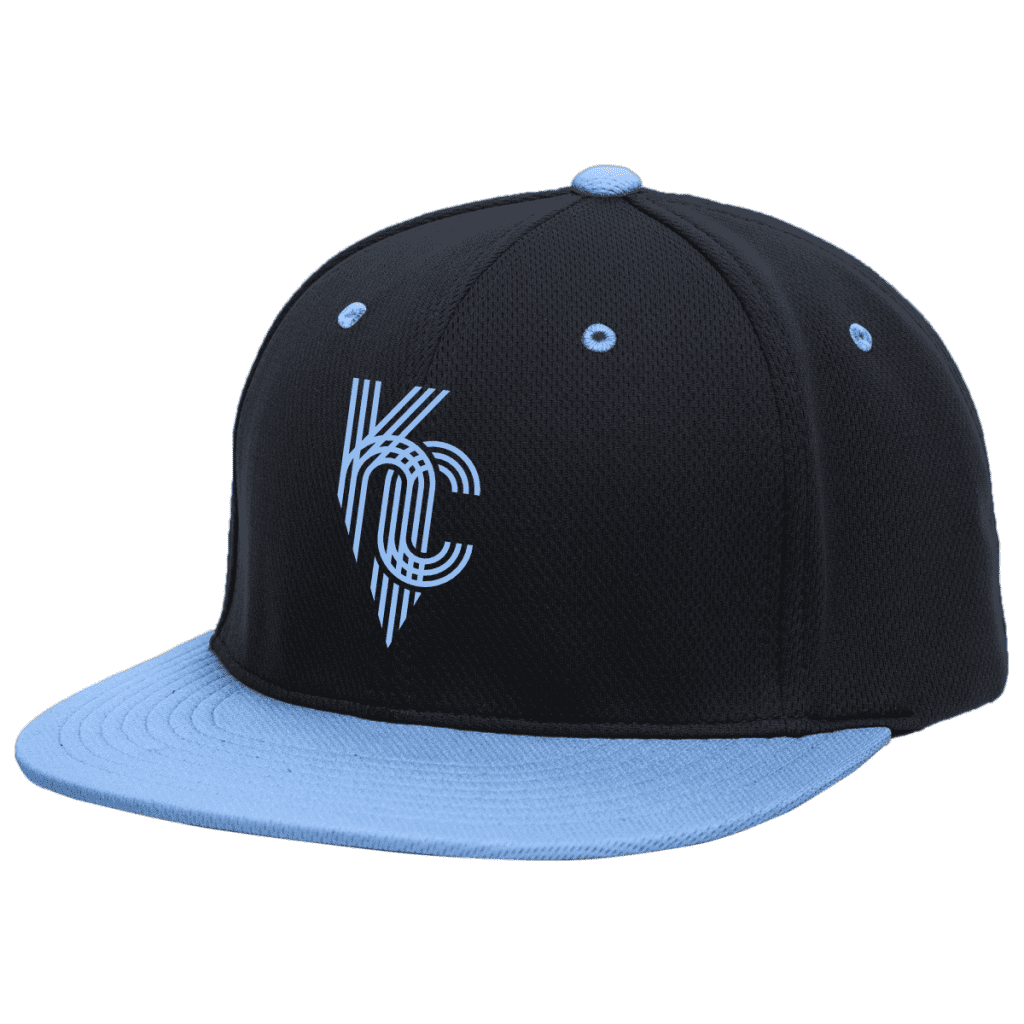 Black and light blue snapback cap featuring a stylized