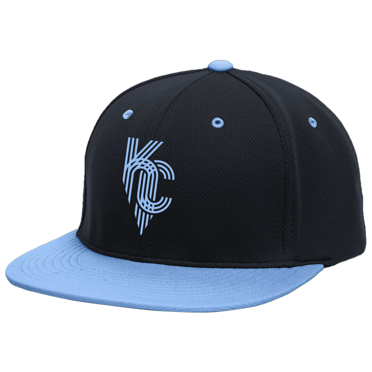 Black and light blue snapback cap featuring a stylized "KC" logo, designed for casual wear and sports enthusiasts.