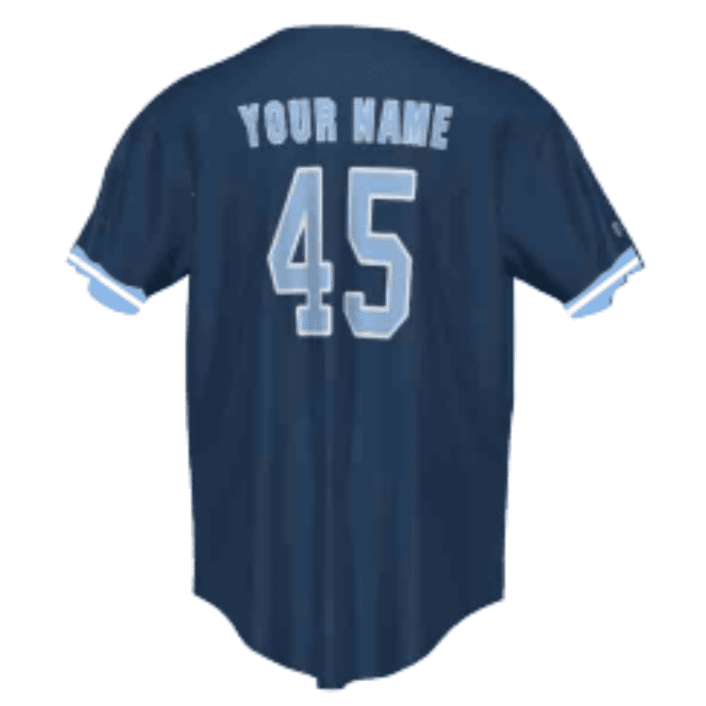 Customizable navy blue baseball jersey featuring the number 45 and a placeholder for the name on the back, ideal for team sports or personalized gifts.