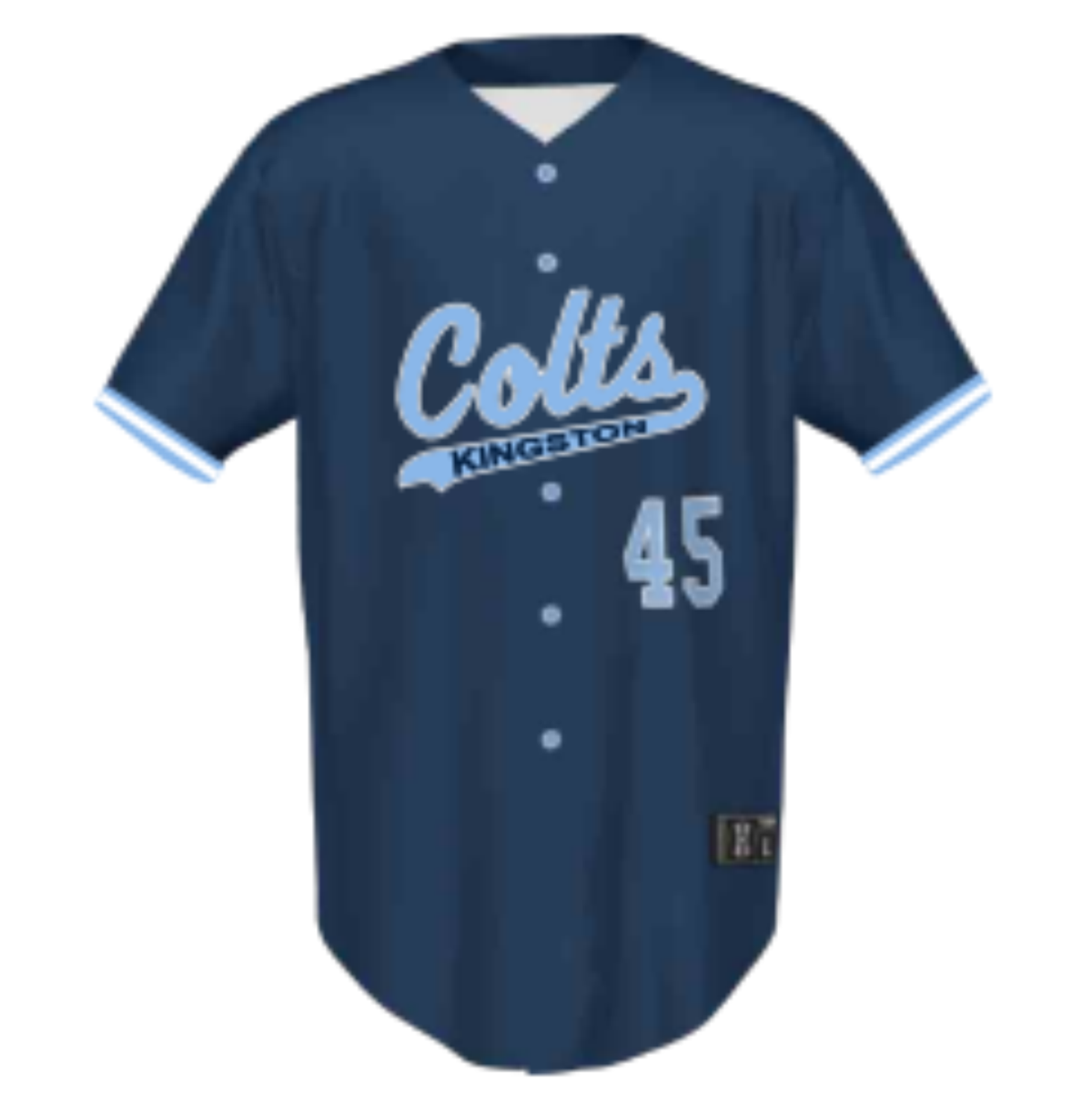 Navy blue baseball jersey featuring "Colts Kingston" logo and the number 45, designed for team sports and fan apparel.
