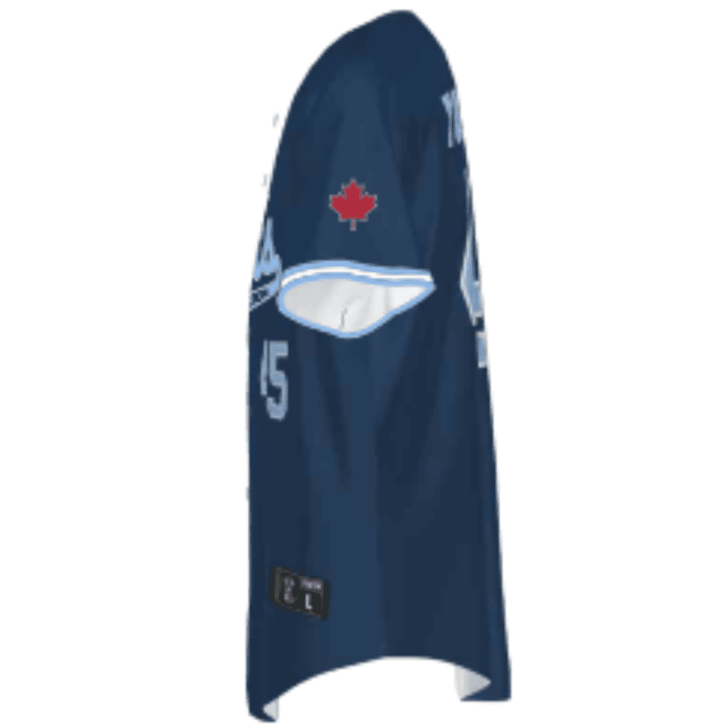 Blue sports jersey featuring the number 45, a Canadian flag emblem on the shoulder, and a stylish design suitable for fans.