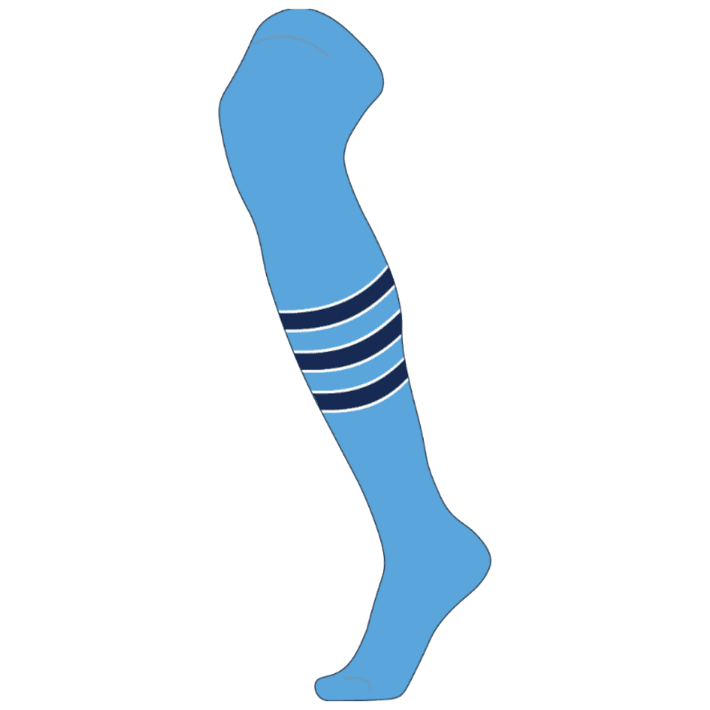 Light blue knee-high sock with three navy blue stripes, designed for athletic performance and comfort.