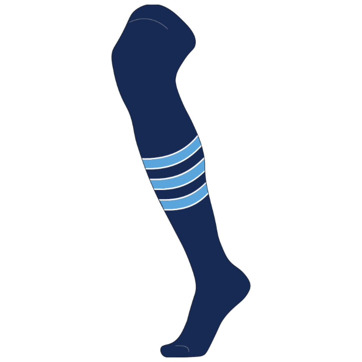 Navy blue compression sock with light blue stripes, designed for improved circulation and support during physical activities.
