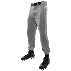 Gray athletic pants designed for optimal performance, featuring a snug fit, elastic cuffs, and a durable waistband. Ideal for sports and outdoor activities, paired with black cleats for enhanced traction.