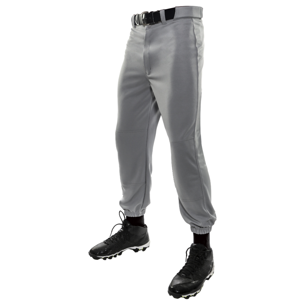 Gray athletic pants designed for optimal performance, featuring a snug fit, elastic cuffs, and a durable waistband. Ideal for sports and outdoor activities, paired with black cleats for enhanced traction.
