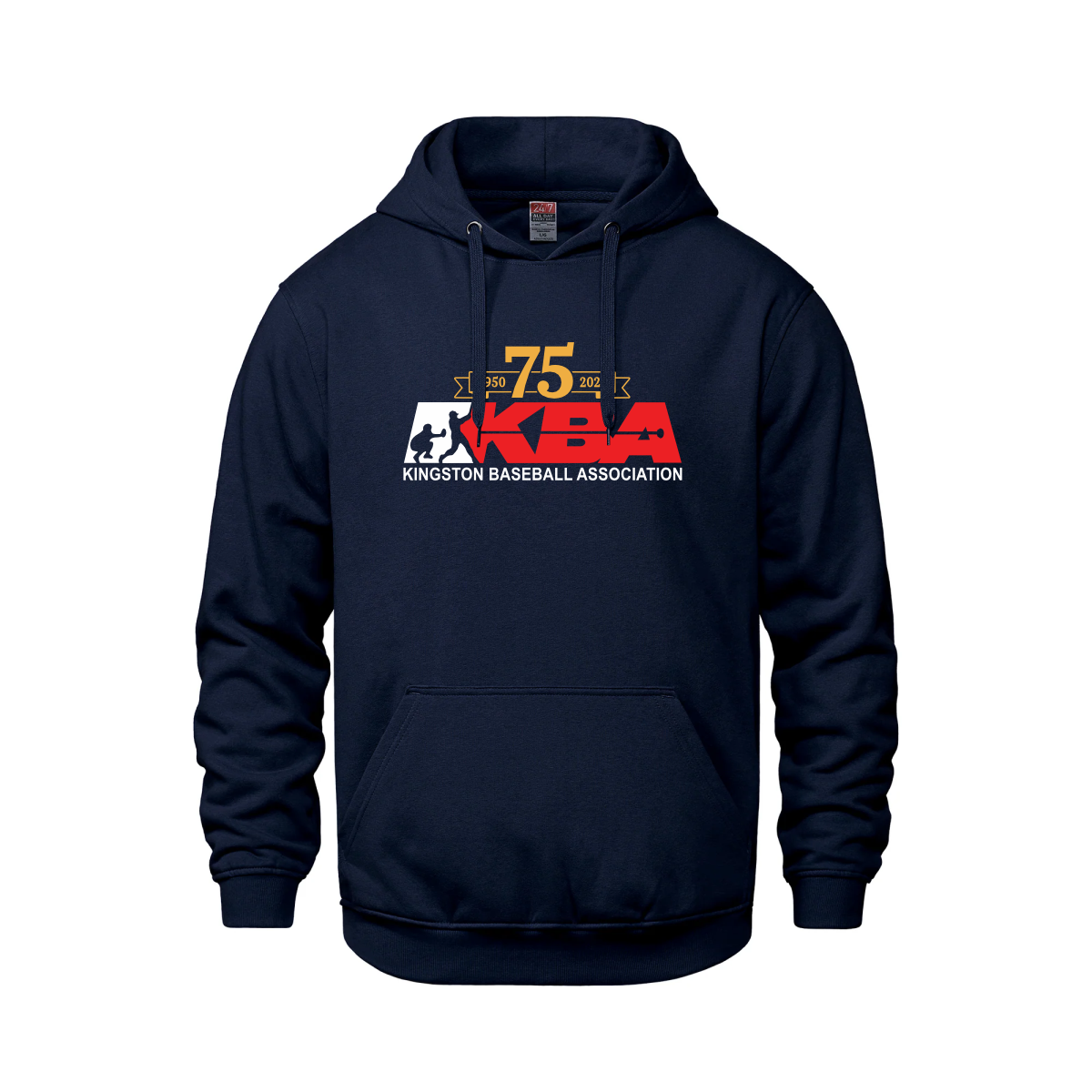 Navy blue hoodie featuring the Kingston Baseball Association (KBA) logo, celebrating its 75th anniversary with a design that includes the year established and a baseball graphic. Ideal for fans and supporters of local baseball.