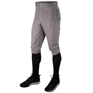 Men's gray baseball pants with black compression socks and athletic shoes, designed for comfort and performance on the field. Ideal for players seeking durable, lightweight sportswear.