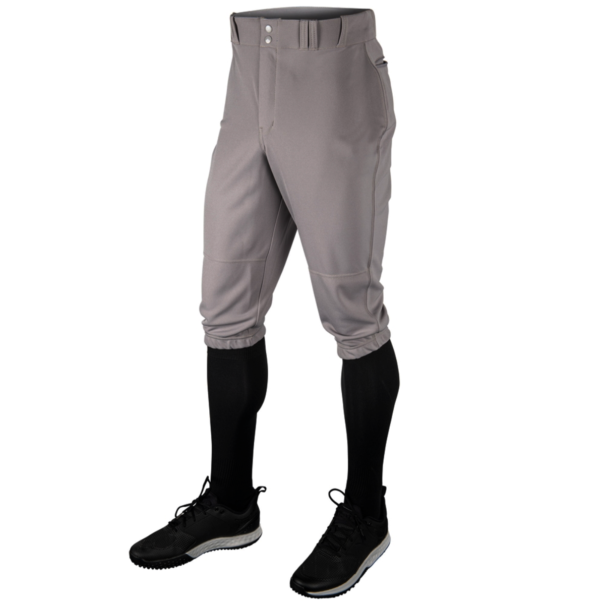 Men's gray baseball pants with black compression socks and athletic shoes, designed for comfort and performance on the field. Ideal for players seeking durable, lightweight sportswear.