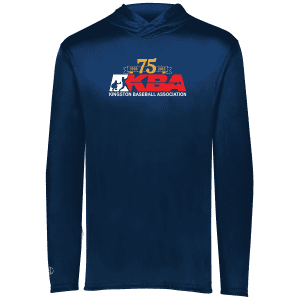 Navy long-sleeve hoodie featuring the Kingston Baseball Association logo, celebrating 75 years from 1950 to 2025. Ideal for fans and players of the KBA.