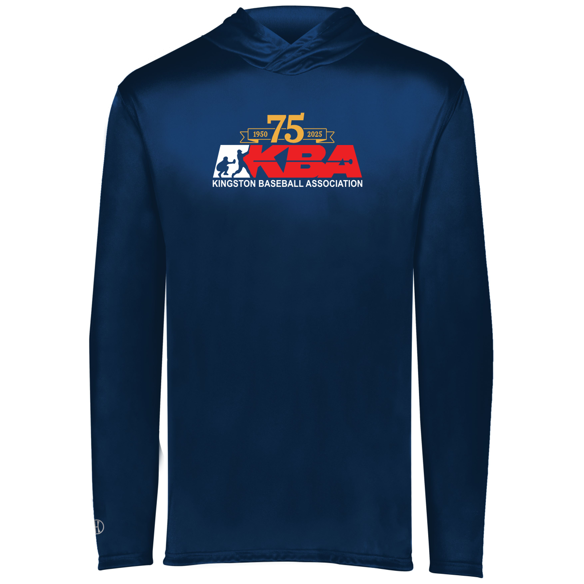 Navy long-sleeve hoodie featuring the Kingston Baseball Association logo, celebrating 75 years from 1950 to 2025. Ideal for fans and players of the KBA.